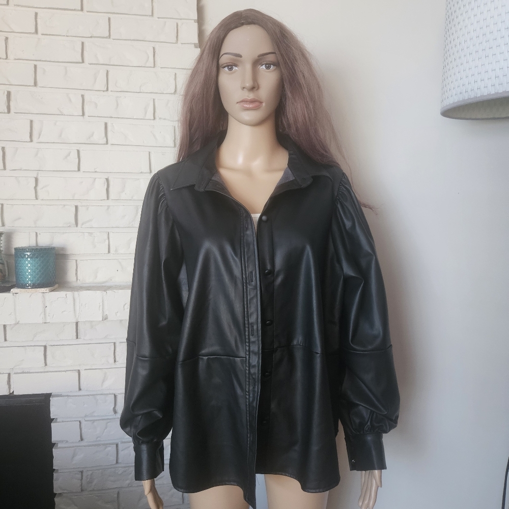 H&M Women's Black Faux Leather Jacket Button down Shirt Pleather Shacket
